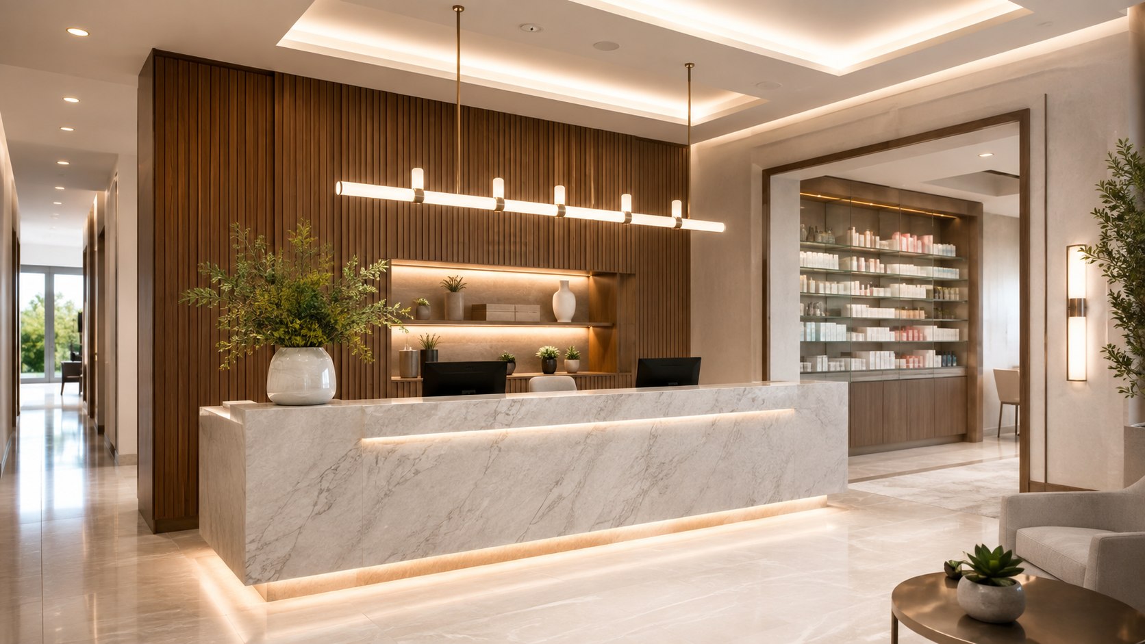 Design inspiration: contemporary reception with stone counter and timber feature wall